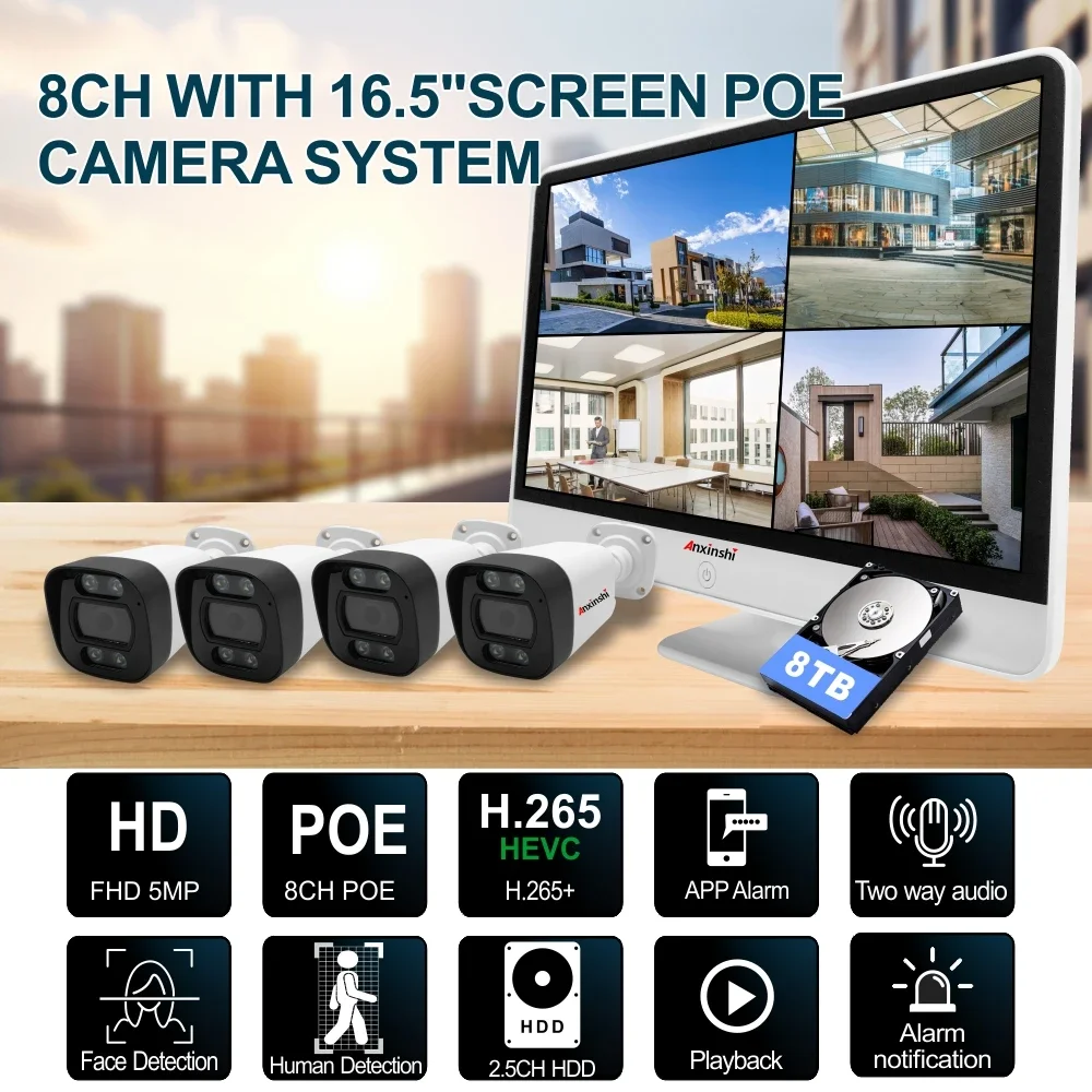 ระบบกล้องวงจรปิดอัจฉริยะ 4K 8CH สำหรับบ้าน พร้อมกล้อง IP POE 8MP จำนวน 4 ตัว ตรวจจับคน/สัตว์เลี้ยง/ยานพาหนะ พร้อมจอ LCD NVR ขนาดใหญ่ 16.5 นิ้ว