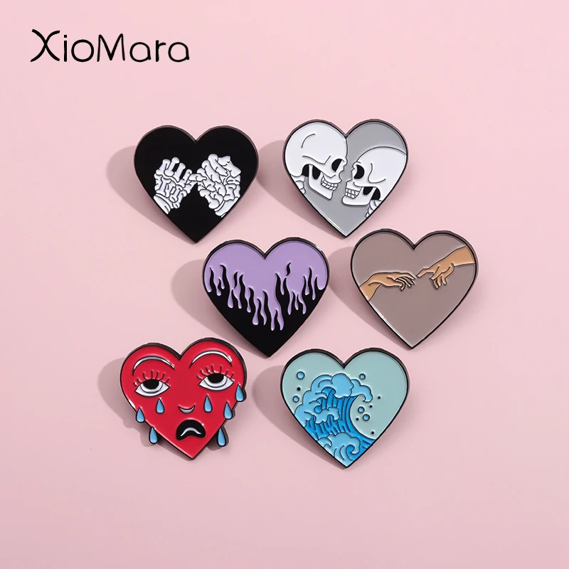 Heart Shape Ocean Wave Tears Enamel Pin Custom Skeleton Joints Death Smile Brooch Lapel Badge Punk Jewelry Gift For Lover Friend