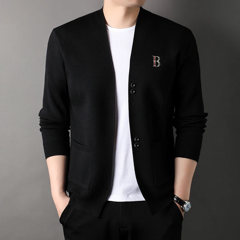 

High end brand letter embroidery knitted cardigan fashion comfort pocket autumn new men's button coat high-quality casual shawl