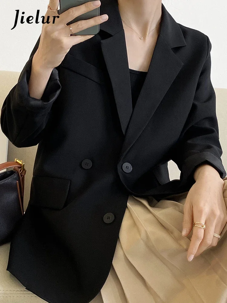 Jielur Double Breasted Oversized Black Blazer Women Autumn Winter Drape Solid Color Loose Suit Jacket Office Lady