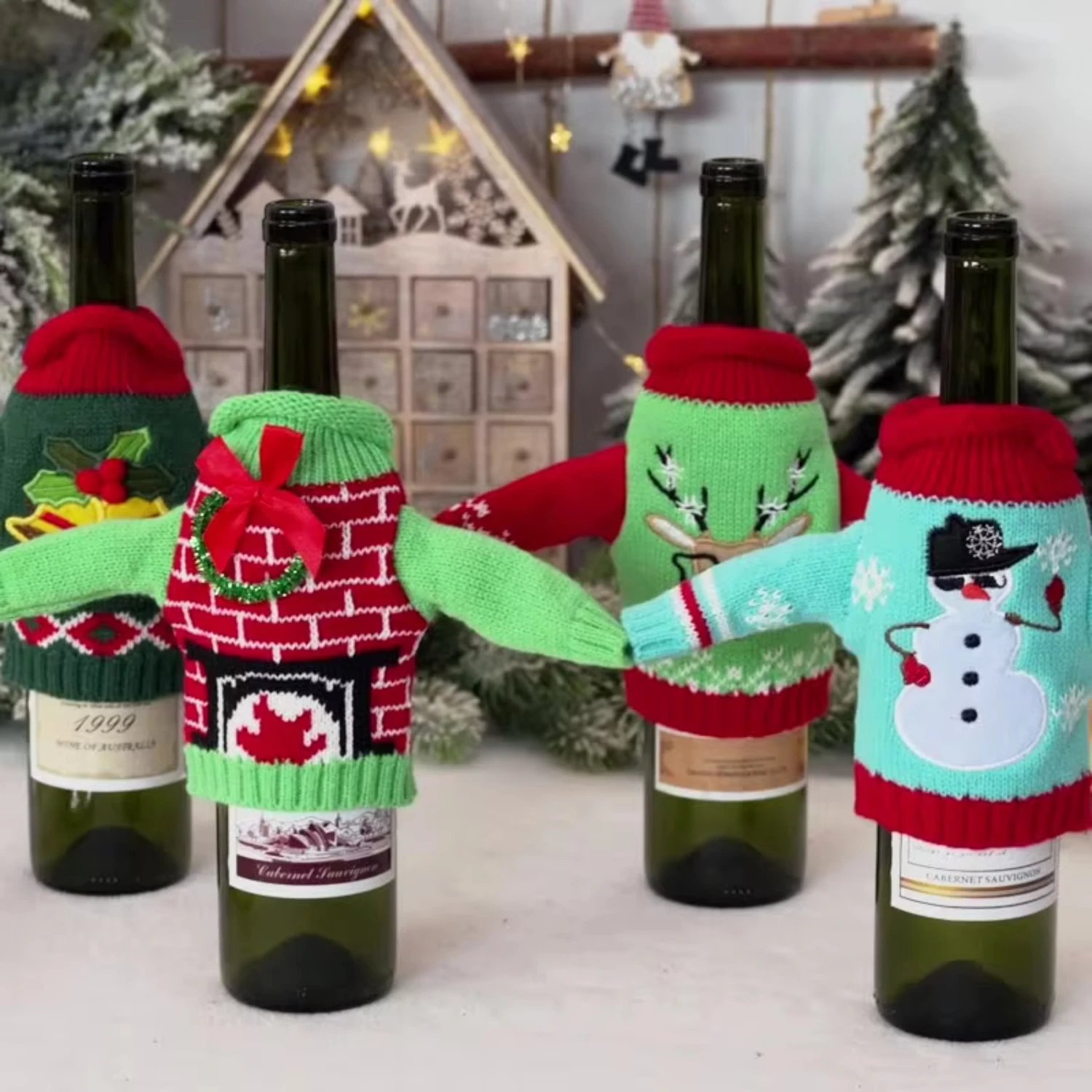 Christmas Table Decoration Sweaters Knitted Red Beer Bottle Wine Cover Decor