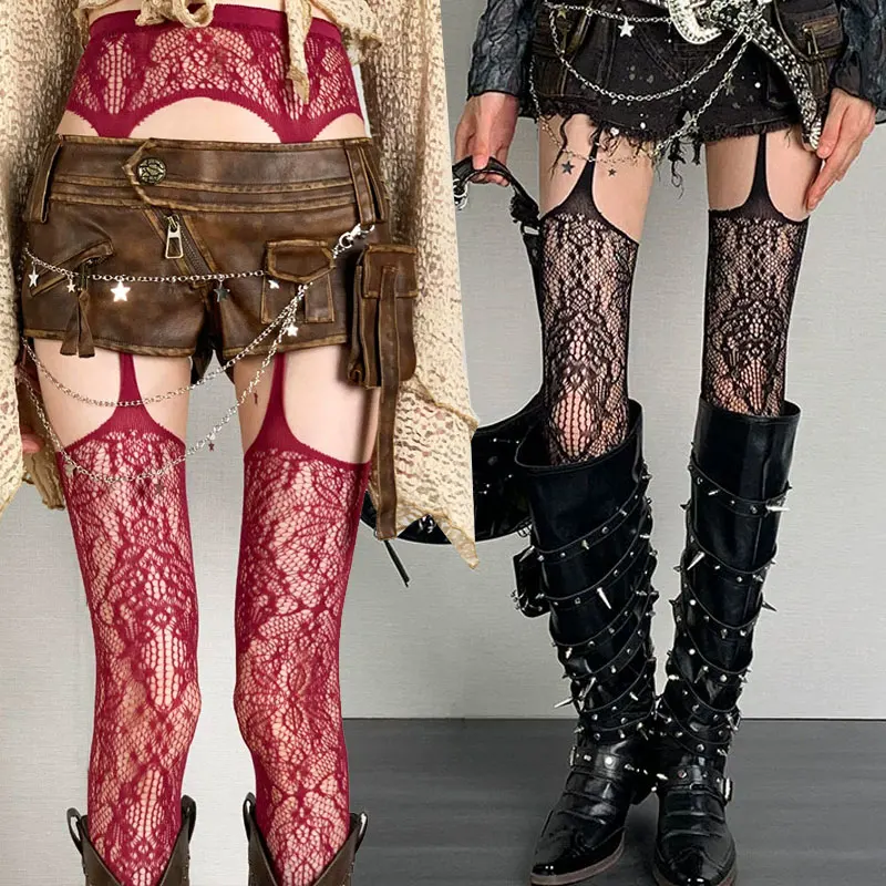Meias-calças Florais Estilo Lolita Doce e Punk para Meninas, Meias Altas Coloridas, Meias de Rede Transparentes, Meias com Suspensórios e Cinto de Ligas
