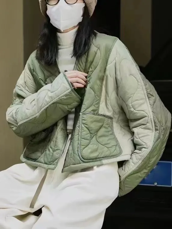 

Color Block Diamond Pattern Cotton Jacket Women's Loose Autumn Winter Insulation Short Coat with Pockets V-neck Zipper Closure
