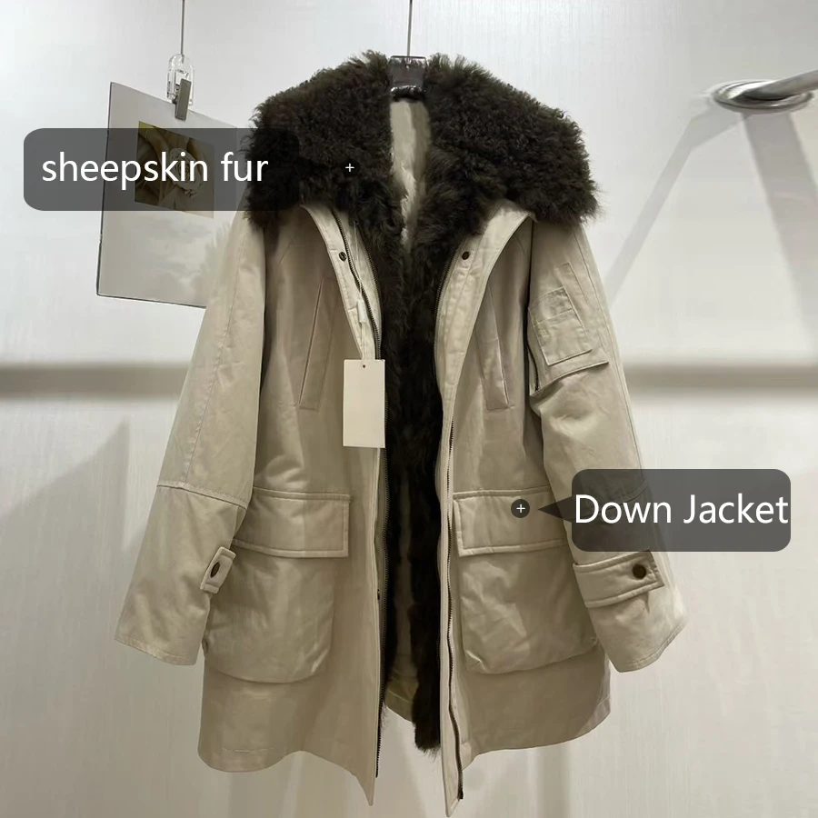 Veste en peau de mouton véritable pour femme, doudoune avec garniture en fourrure d'agneau, manteau Long avec fourrure, veste en fourrure naturelle de haute qualité