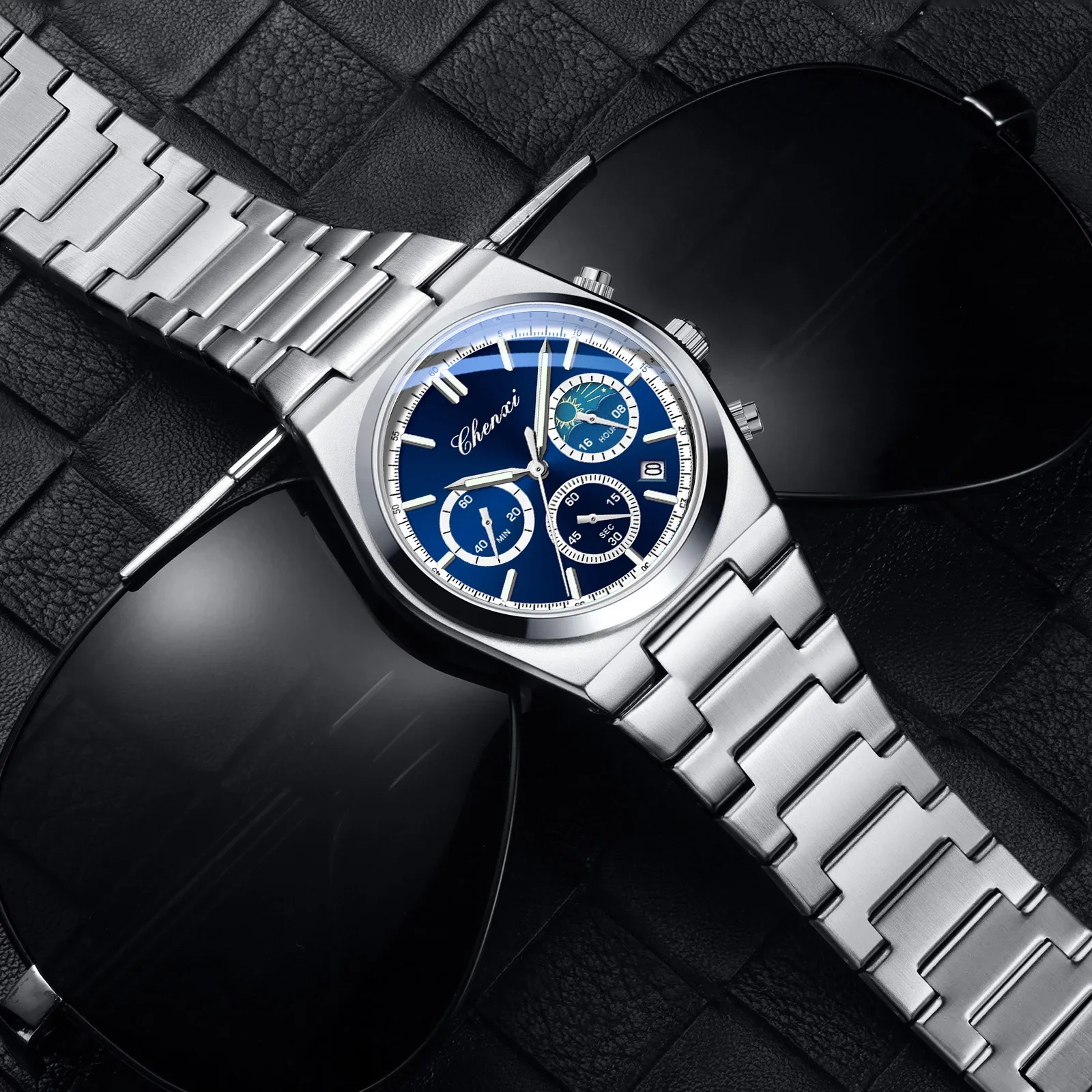 Classic Men's Date Chronograph Moon Phase Watch, Sport Military Waterproof Quartz Wristwatches Luxury New 2025 CHENXI Watch Man