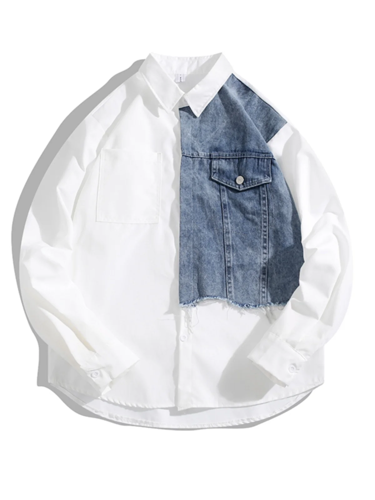 

Color Block Denim Shirt Men's Casual Long Sleeve Loose Fit Spring Autumn New Style Iron Free Sharp Collar Daily Wear