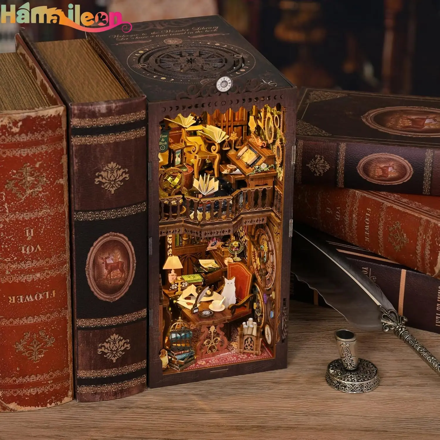 Hamaileon Book Nook Kit, DIY Miniature House Room ชุดปริศนาชั้นวางหนังสือของขวัญตกแต่งสําหรับคนรักหัตถกรรม (Wonder Library)