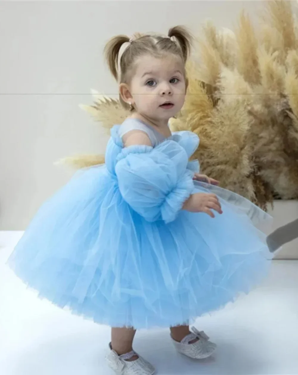 

Customized Sky Blue Flower Girl Dresses For Wedding Lace Tulle Full Sleeves Knee Length Baby Birthday Party First Communion Gown