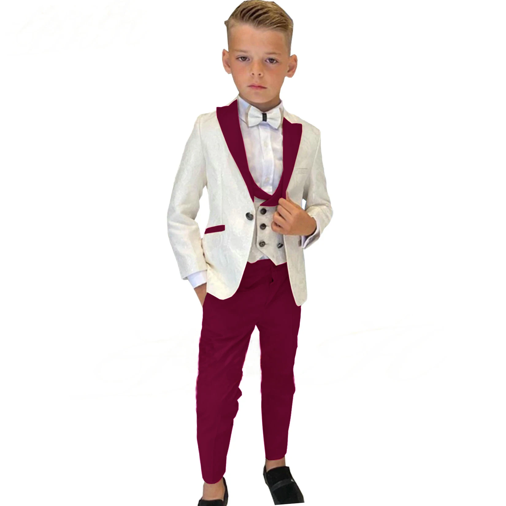 Boy Formal Suits for Dinner Ivory Floral Pattern Jacket Child Tuxedos Kids Costume For Wedding Prom Wear (Jacket+Vest+Pant)