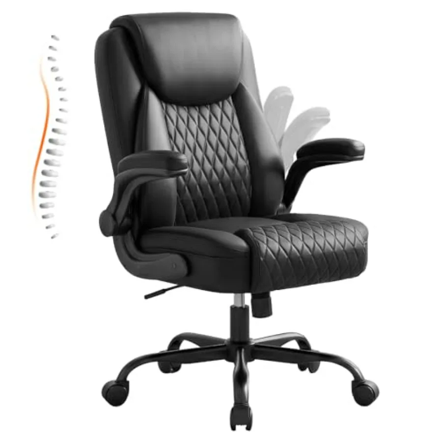 Leather Office Chair, Home Desk Chair with Flip-up Arms and Ergonomic Back - Comfy Heavy Duty Executive Chair for Home Office G
