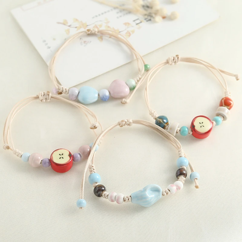 bracelets colors Multicolor Ceramic Triple Heart Bracelet Adjustable Wax Cord Minimalist Boho Style for Couples and Friends
