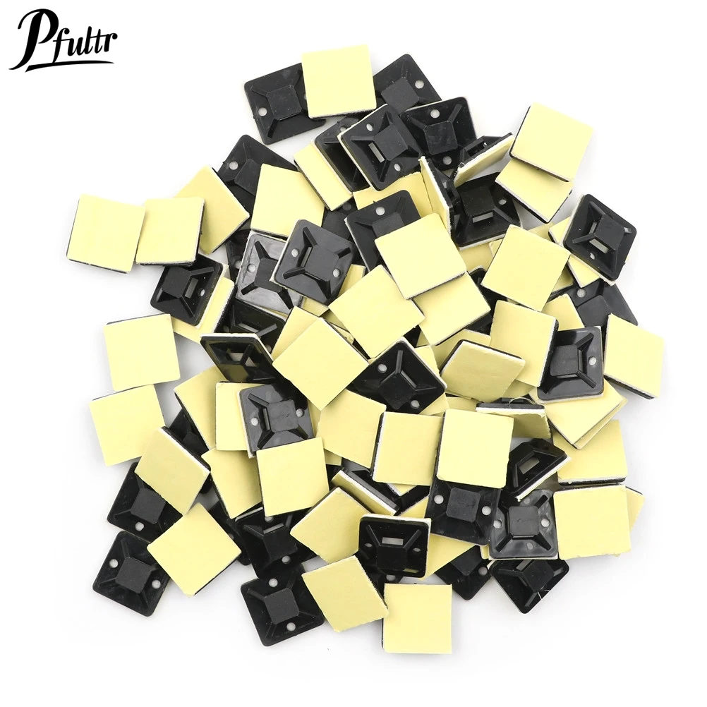 100Pcs Self Adhesive Stick-on Mounts For Cable Ties / Routing Looms Wire & Cable Base Clamps Clip 20 x 20 x 6mm