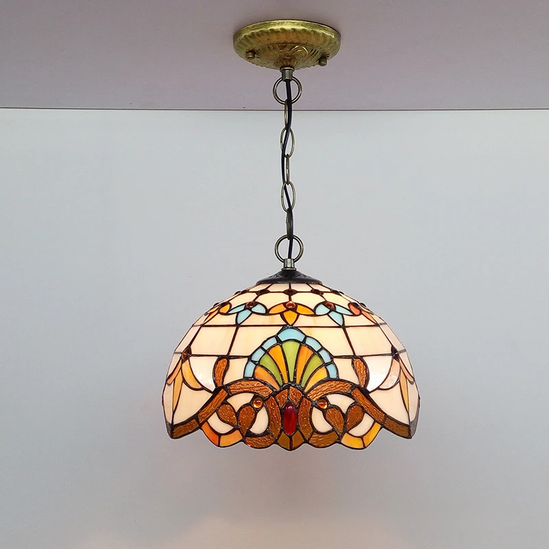 Vintage Stained Glass Pendant Light Dome Hanging Lamp Floral Pattern Ceiling Lighting Dining Room Bar Cafe Decor