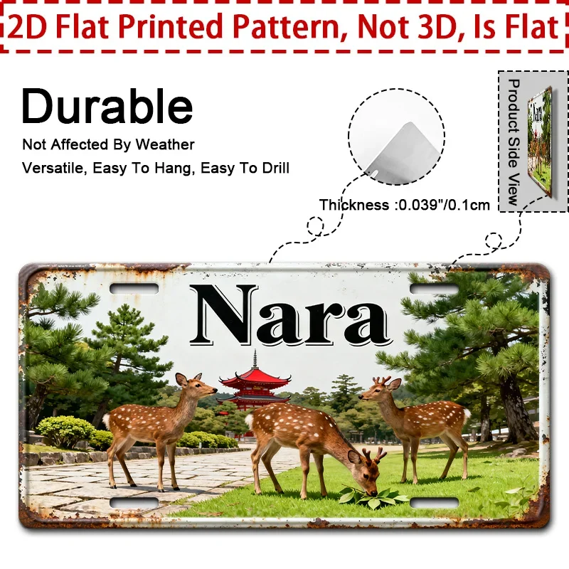 2D Flat-2D Retro Nara-Themed Metal Wall Decor-a Single Piece,Country-Style Aluminum Sign Featuring a Deer And Pagoda Design