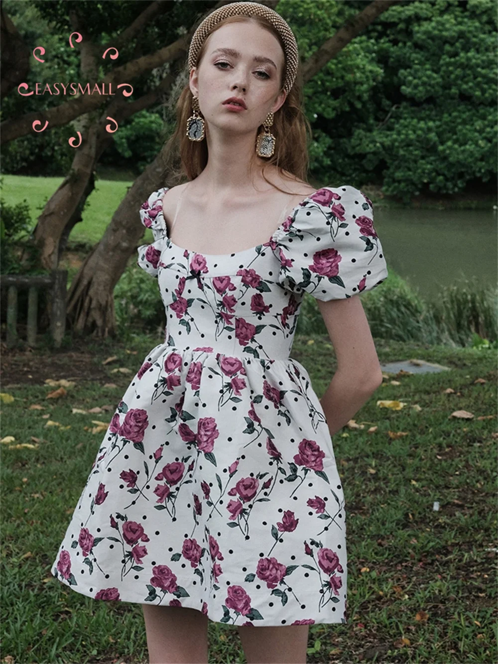 

Easysmall Forlove Vintage Square Neck Slim Fit Bubble Sleeve Rose Print Dress Long Dress Vestido Bandage Sexy Club Party Backles