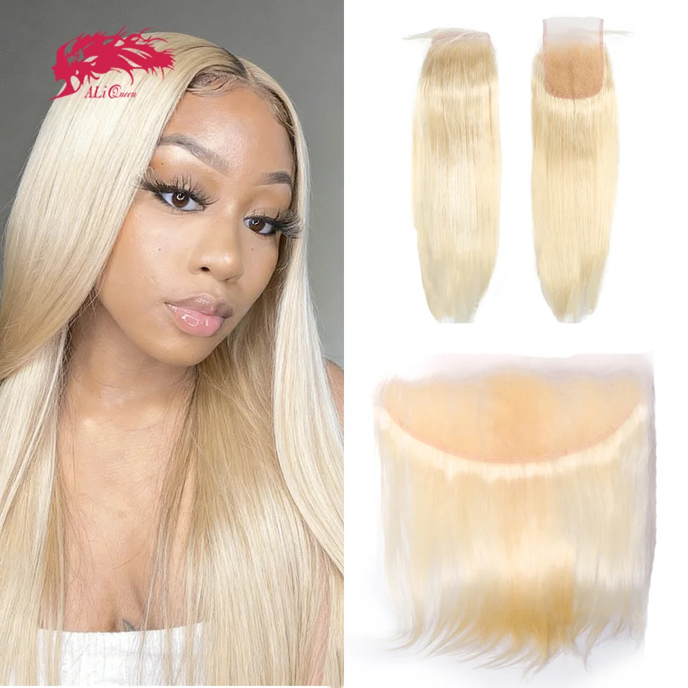 Ali Queen Hair 613 Closure Straight Blonde 5x5 HD Lace Closure Human Hair Extensions 13x4 Transparent Lace Frontal Pre Plucked
