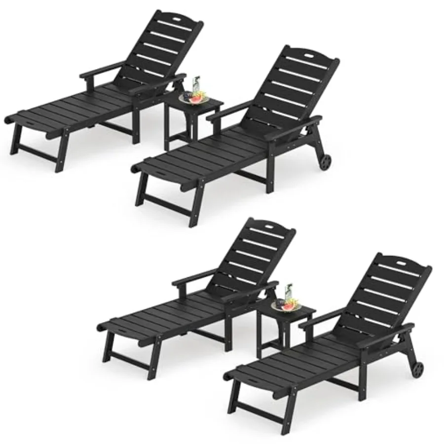 

Комплект из 6 предметов для отдыха у бассейна: шезлонги из HDPS с черным покрытием, 5-позиционная регулировка, на колесиках, для двора и зоны у бассейна