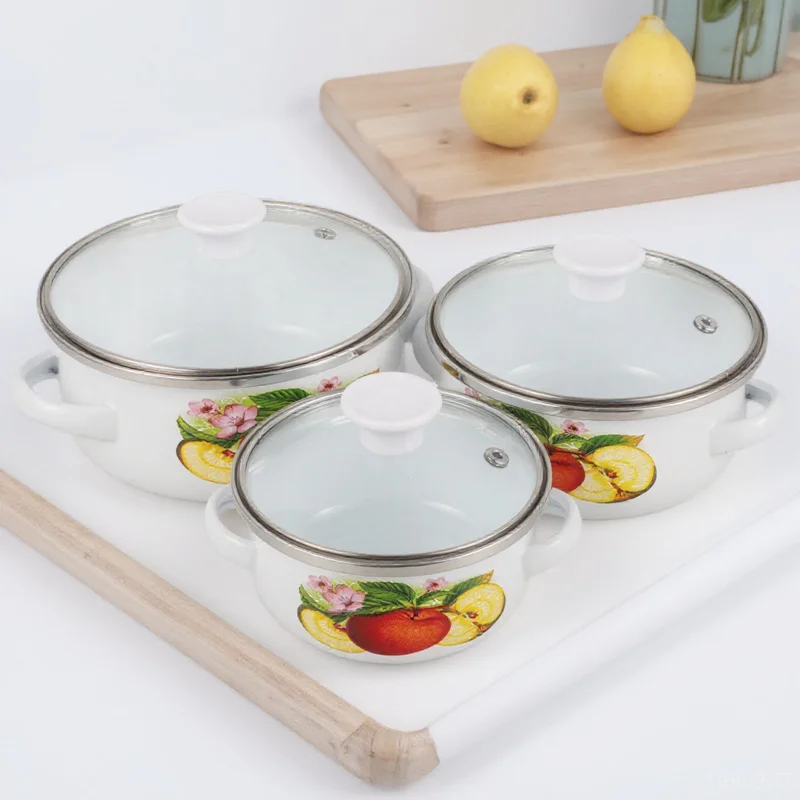 

3 шт., бытовая эмалированная кастрюля для супа, мини-кастрюля с двойной ручкой, кухонная кастрюля для тушения, домашняя эмалированная посуда