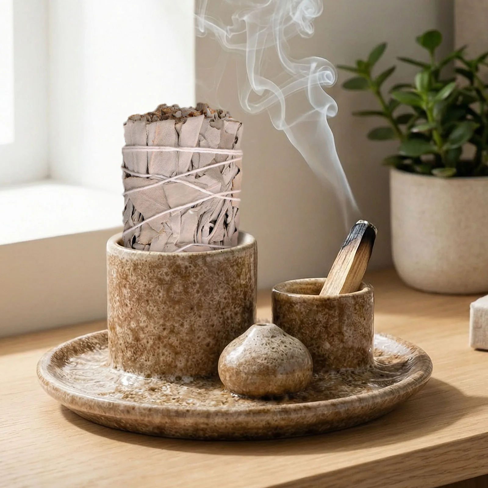 Quemador de incienso de cerámica 4 en 1, bandeja portavelas, quemador Palo Santo para aromaterapia, meditación, Yoga y decoración del hogar, soporte de incienso