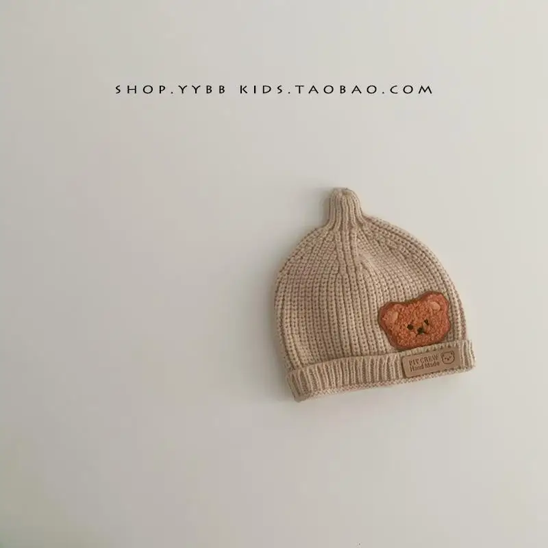 Korea Spring Autumn Kids boys Hat Candy Color Baby Boys Knit Hat Baby Girls Bear Head Embroidery Kids Knitted Hat