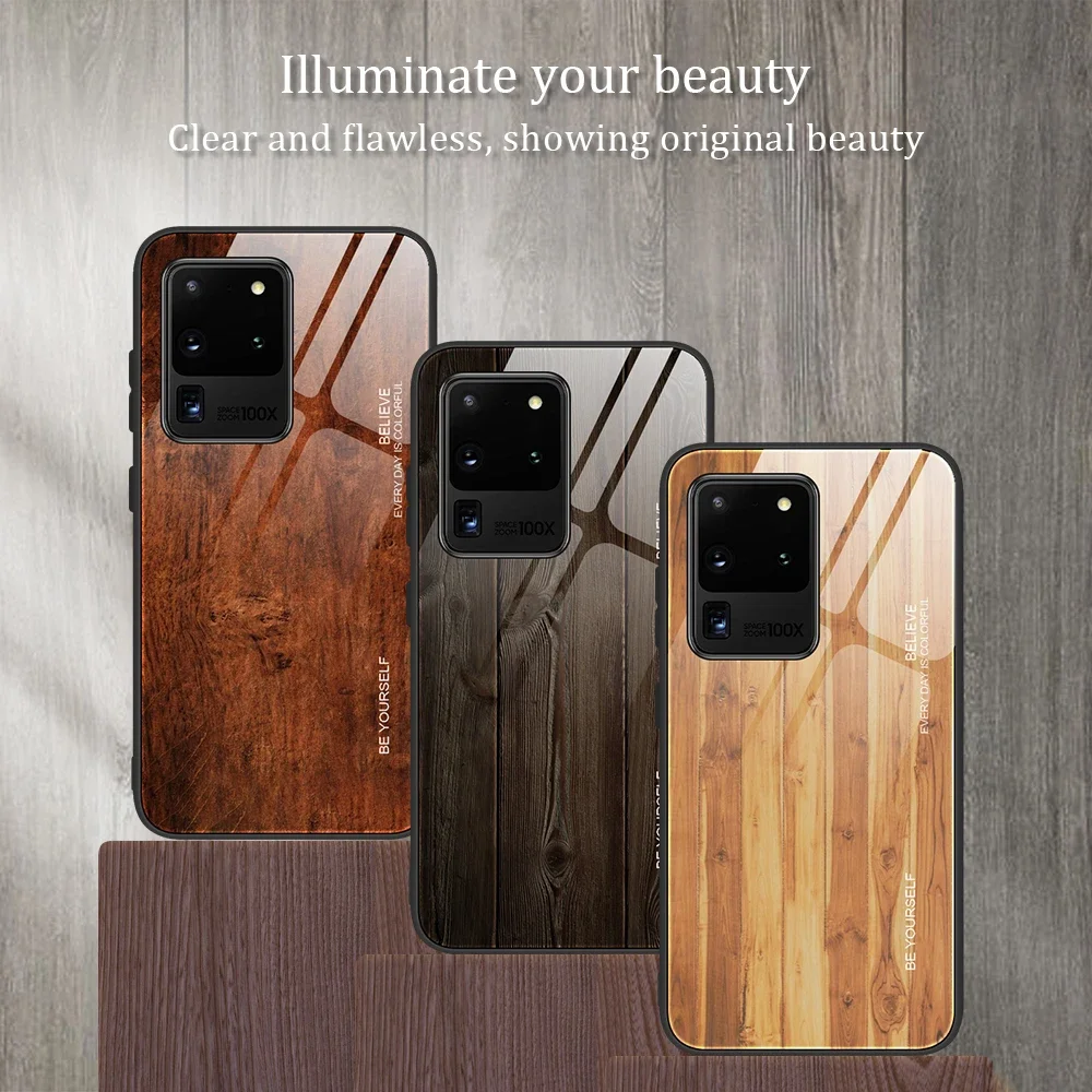 Wooden Grain Case for Samsung Galaxy S25 S24 S23 S22 S21 S20 Ultra Plus Note Lite Tempered Glass Shell Mobile Phone Case Cover