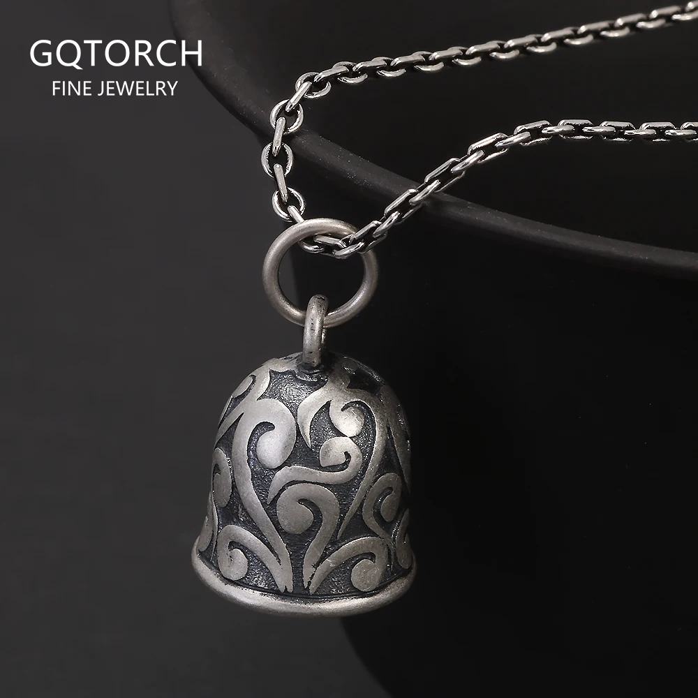 

925 Sterling Silver Vintage Bell Pendant Necklace Tinkling Rattling Sound Matte Arabesque Pattern Unisex Charm Luck Jewelry Gift