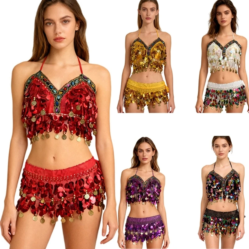 مجموعة أزياء الرقص الشرقي الاحترافية حمالة صدر مطرزة بالترتر ووشاح الورك للعروض المسرحية من نسيج البوليستر العملي #1