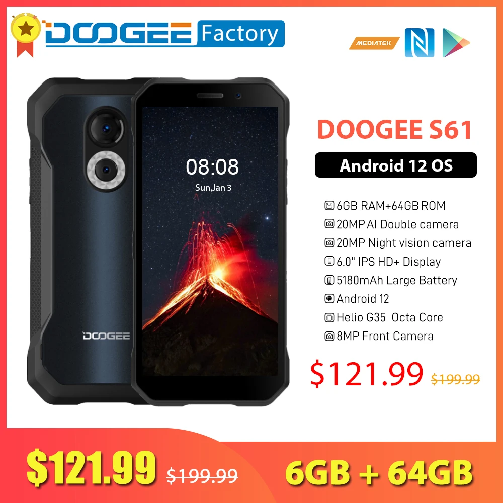 DOOGEE S61 6GB 64GB Cellphones Rugged Mobile Phone 6.0 Inch Display 20MP Night Vision Camera 5180mAh Android 12 Smartphone