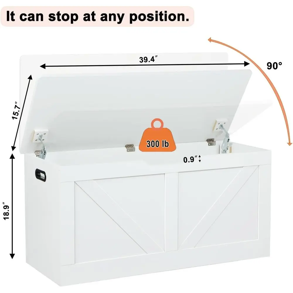 กล่องเก็บของไม้ขนาดใหญ่พร้อมบานพับนิรภัย 2 บาน, ม้านั่งเก็บรองเท้าสีขาวสำหรับห้องนั่งเล่นและห้องนอน