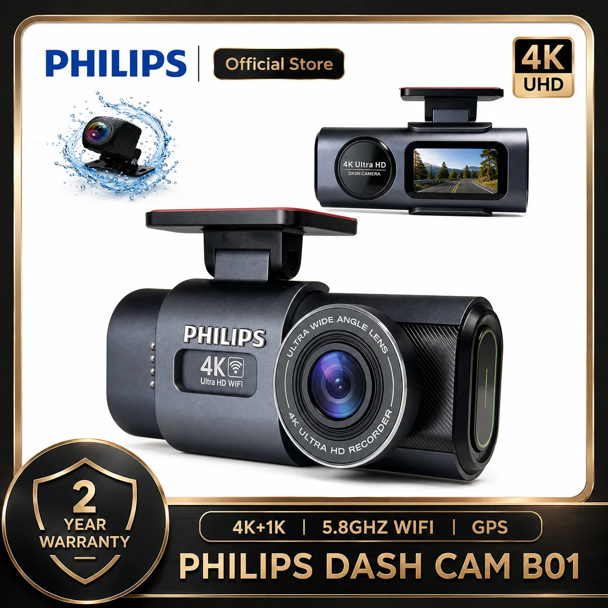 Câmera Veicular PHILIPS B01 4K+1K HDR com Câmera Frontal e Traseira, WiFi 2.4GHz & 5GHz, GPS, Monitoramento de Estacionamento 24H, Gravador de Vídeo para Carro