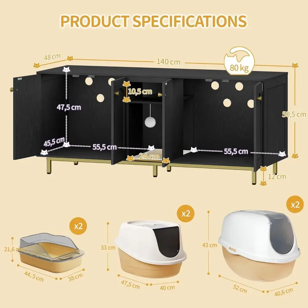 Wooden Cat Litter Box Enclosure, Dual-Cat Side Table, Storage Cabinet Bench for Living/Bedroom, 55.2x20x23.9, Black & Gold - view 3
