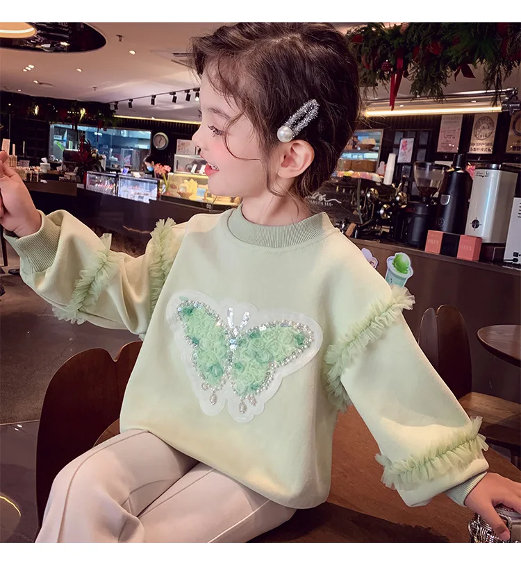 Herbst Kinder Mädchen Sweatshirts Schwestern Partnerlook Baumwollkleidung Pailletten Schmetterling Rüschenbesatz Langarm Rundhals Pullover Tops – Detail 13