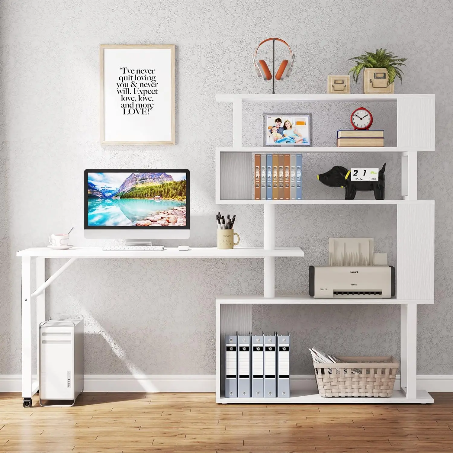 Rotating Computer Desk with 5 Shelves Bookshelf, Modern L-Shaped Corner Desk with Storage, Reversible Office Desk Study Table