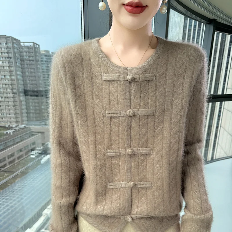 

LHZSYY, 100% норковый кашемир, женский толстый осенне-зимний вязаный свитер с круглым вырезом, свободное повседневное пальто, однотонные топы