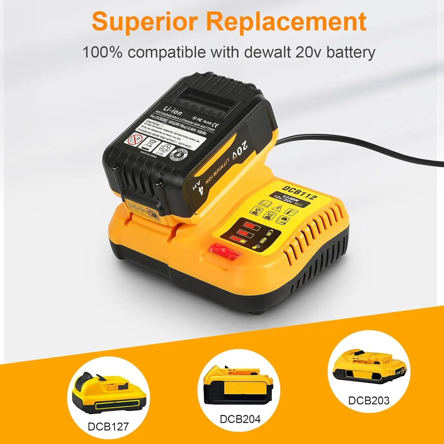 DCB112 Charger Repalcement for Dewalt 12v/20v Battery Charger Compatible with Dewalt 12v/20v Max Battery, Yellow,EU/US Plug