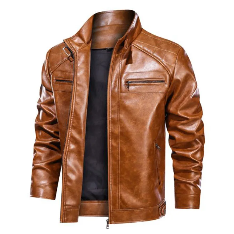 Man Leather Jacket Autumn Simple Stand Collar Long Sleeve Male Coat High Street Punk Waterproof Windproof Zipper Men Outerwear