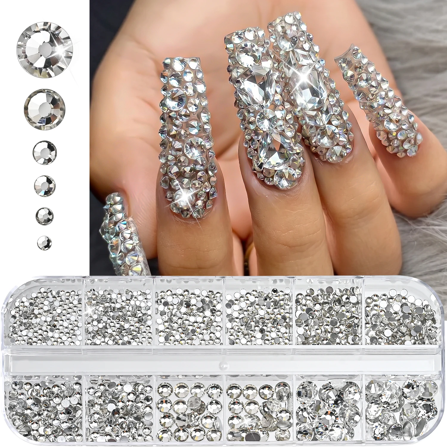12 Gitter mit verschiedenen Größen, klare weiße Edelsteine, Nagelrhinestones, 3D glänzende, flache Rückseite, SS4-SS30, luxuriöse Kristall-Nagelglitzer-Charms, Hochzeitsdeko – Detail 3
