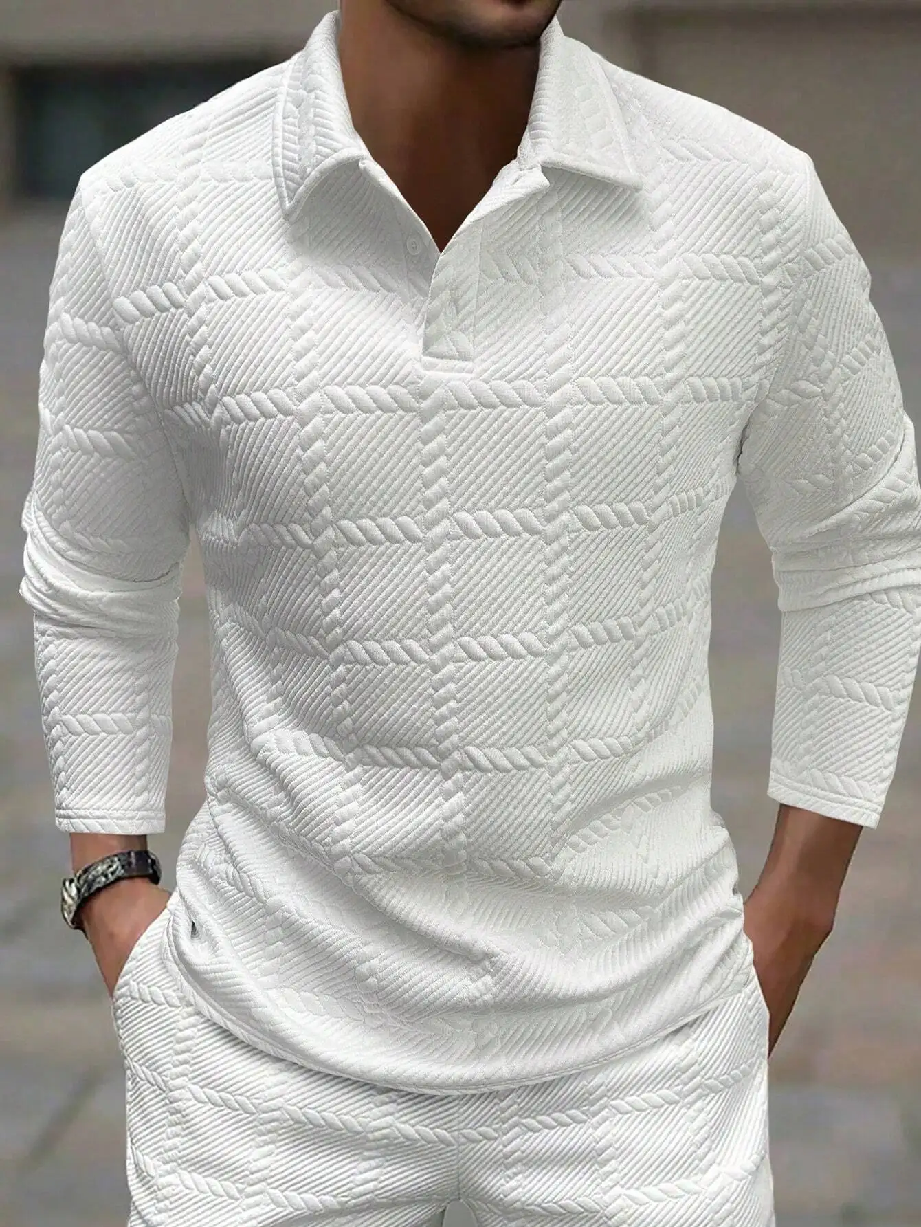 

Men's White Jacquard Texture Long Sleeve Polo Shirt, Casual Workwear, Spring Autumn