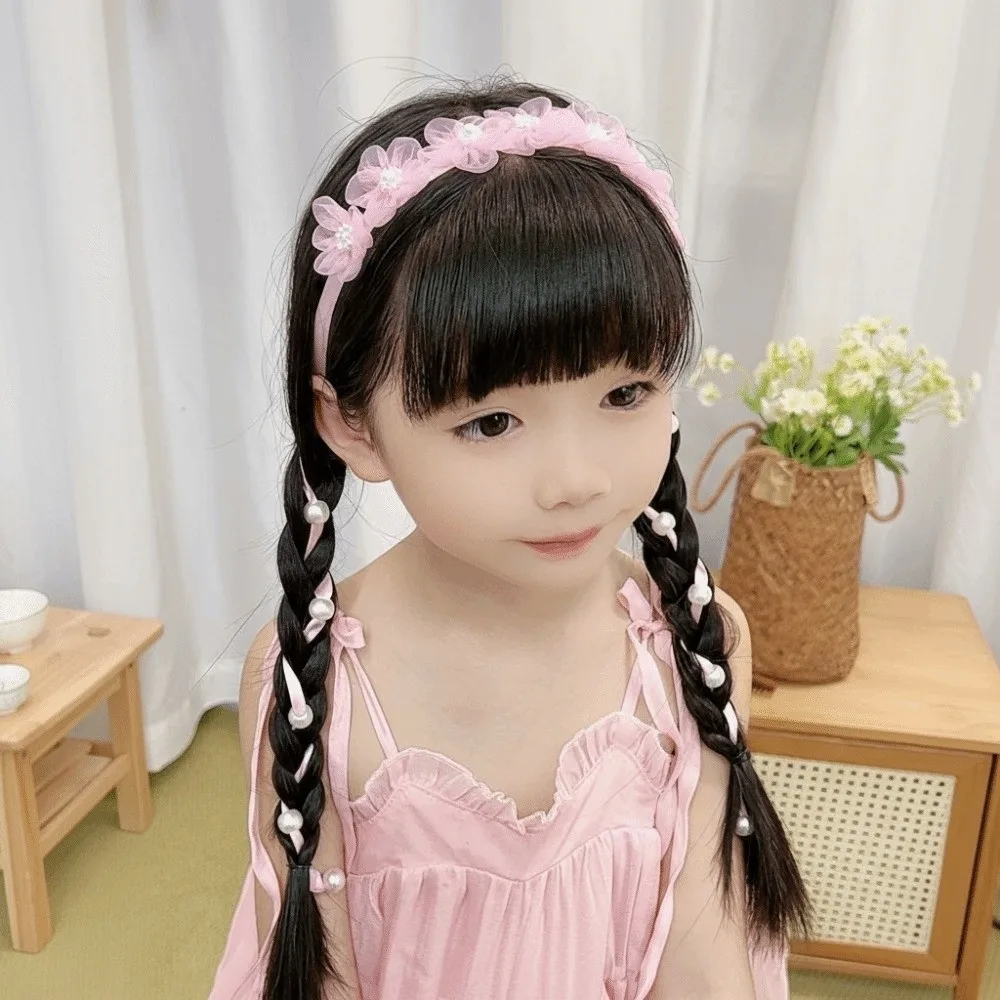 Tulle Flower Fairy Braided Headband Sweet Design Chinese Style Floral Headband Snow Yarn Solid Color Imitation Pearl Headband