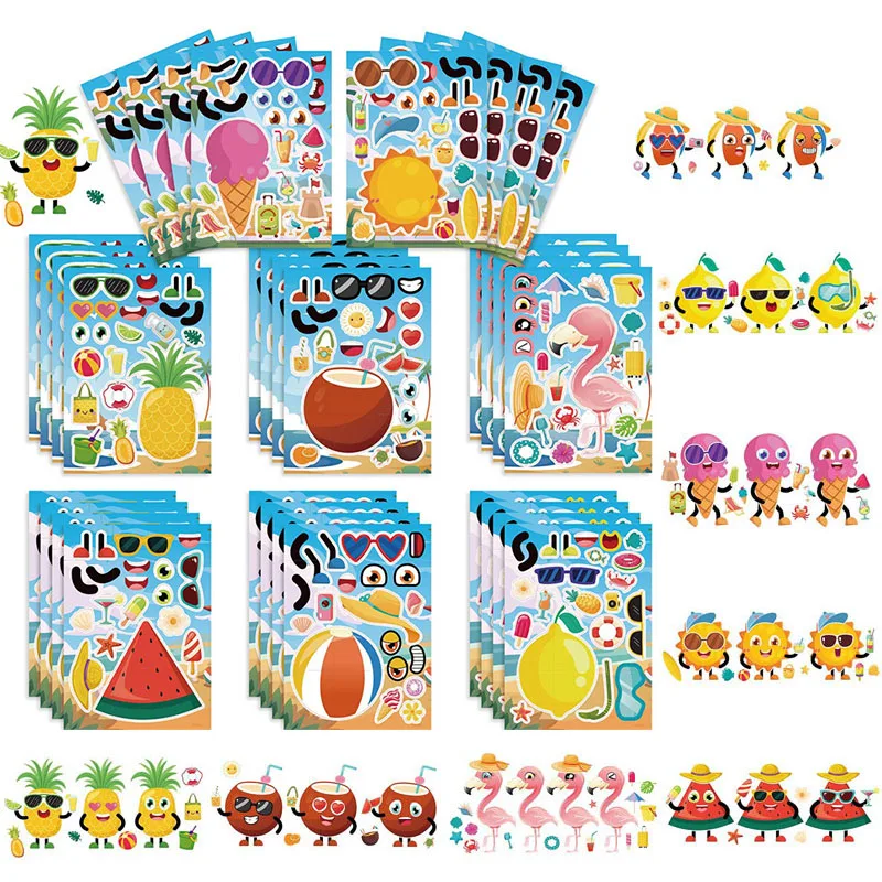 4-24Sheets Make A Face Stickers Children DIY Your Own Summer Fruit Ice Cream Cartoon Puzzle Stickers Kids Party Games Toys Gift