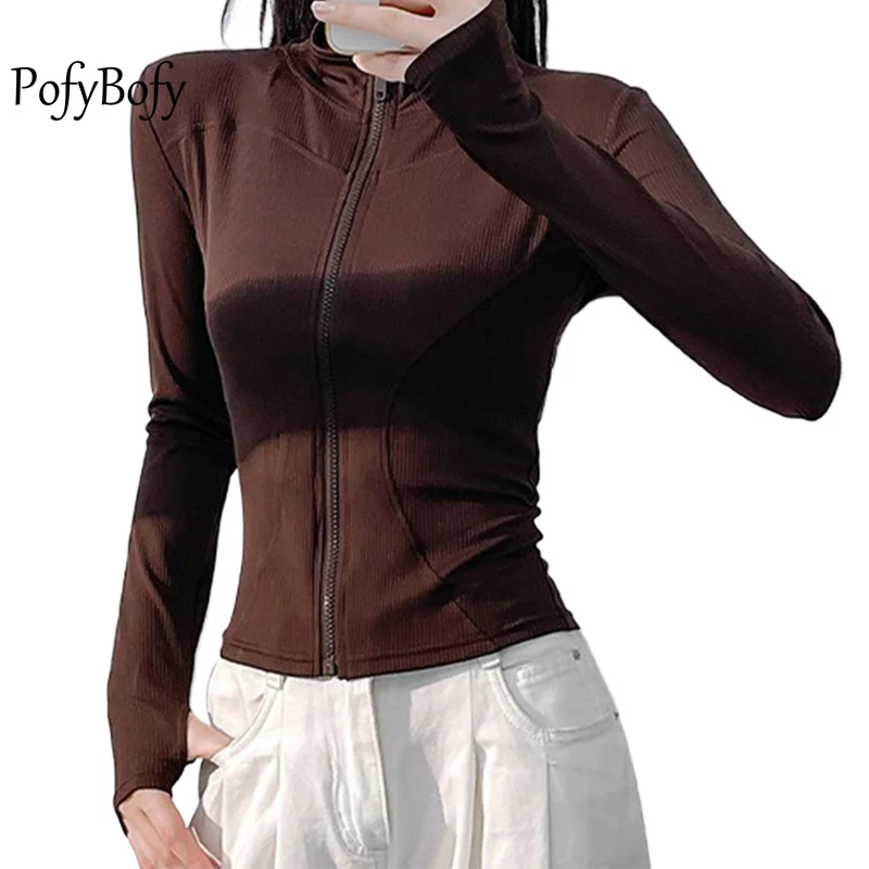 

PofyBofy Stand Collar Thumb Hole Full Zipper Slim Fit Quick Dry Stretchy Fashion Long Sleeve Jacket Yoga Fitness Women Sportwear