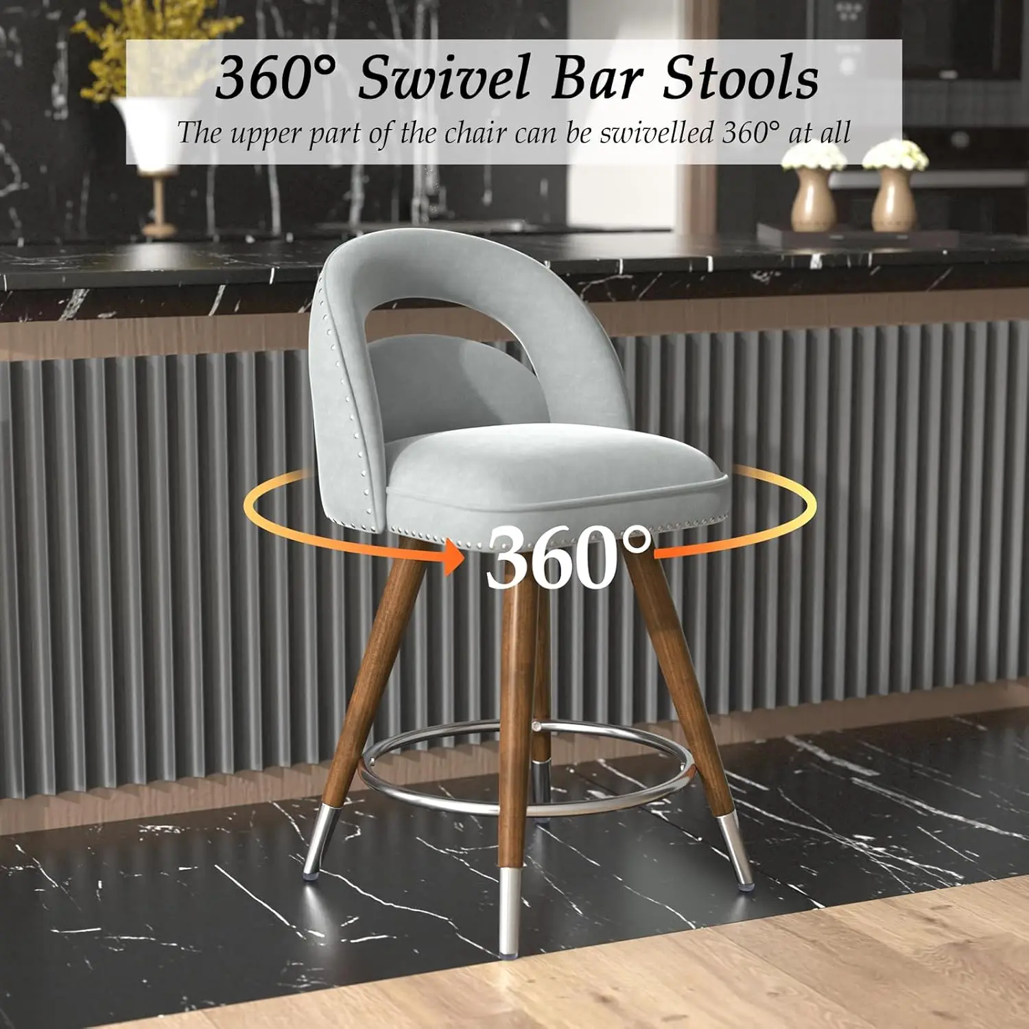 GYI Counter Height Bar Stools Set of 2, 24 Inch Swivel Bar Stools with Backs&Solid Wood Legs, Upholstered Grey Barstools, Velvet