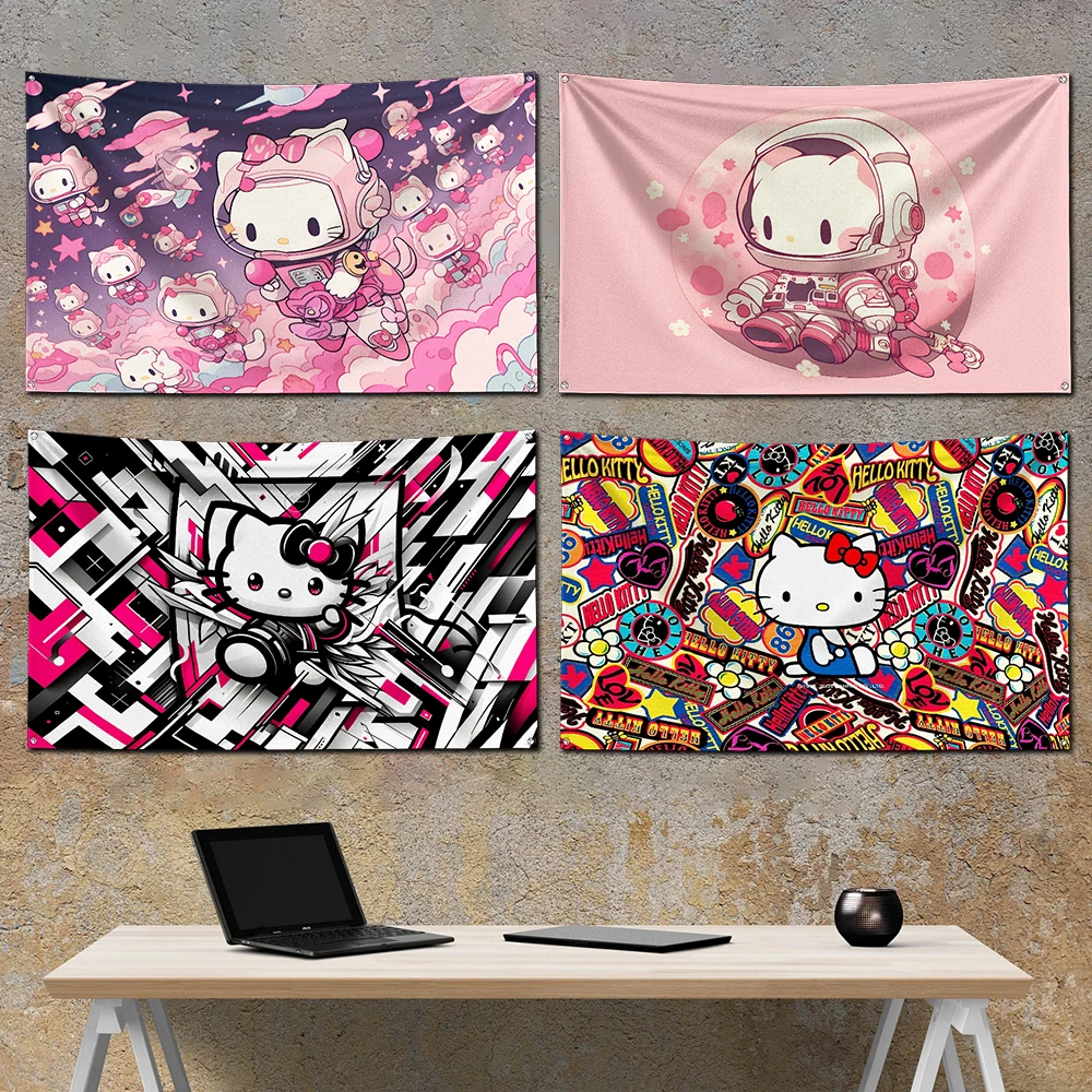 3x5 Ft Cute Cats Cartoon Hellokitty Flag Polyester Digital Printing Banner For Garage or Out door Decoration