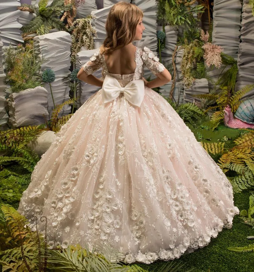 Vestido de baile de encaje de tul blanco, vestidos de niña de flores para boda, vestido de princesa de ilusión, vestido de fiesta de boda de primera comunión