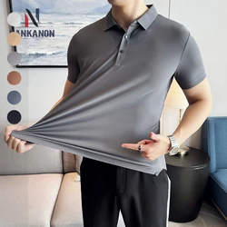 Ice Silk High Elastic Seamless T-shirt ,Summer Thin Polo Shirt, Solid Color Polo Collar Short Sleeve Brown Top, Business Leisure