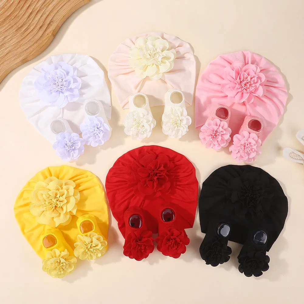 3-teiliges Set für Neugeborene: Haarband, Socken und Turban-Mütze aus weicher Baumwolle, elastisch, für Kleinkinder, Mädchen und Jungen, rutschfeste Socken