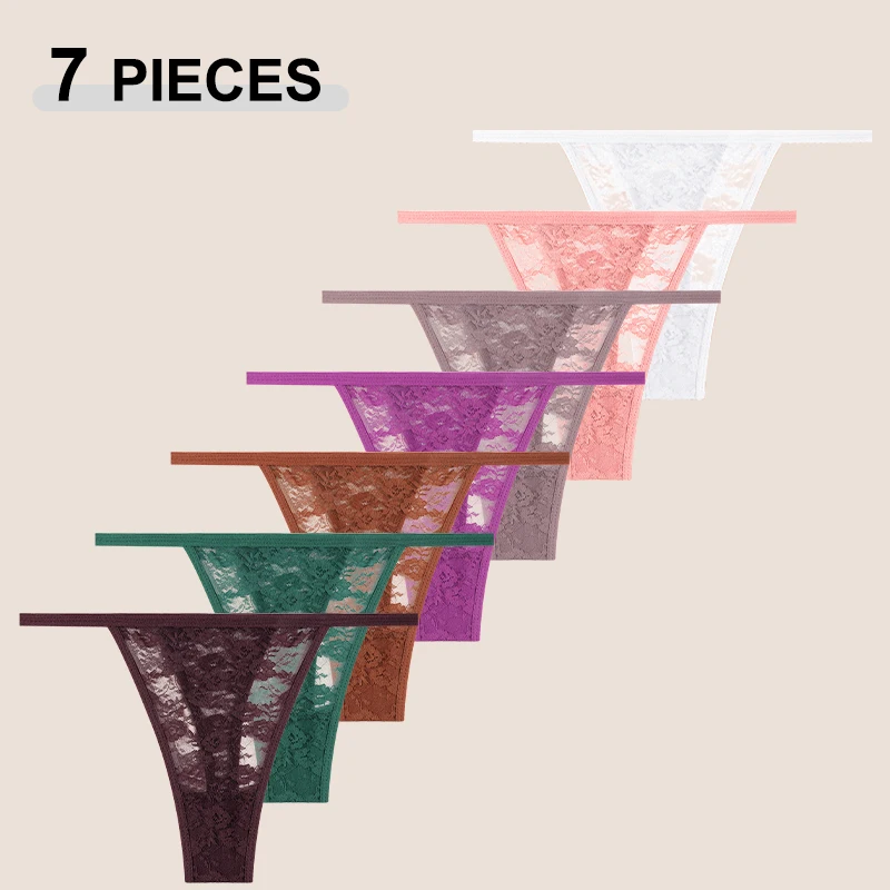 7 stks/set vrouwen sexy kant transparanten strings ondergoed zomer effen kleur kant bloemen thongs vrouwelijke lage taille sexy lingerie