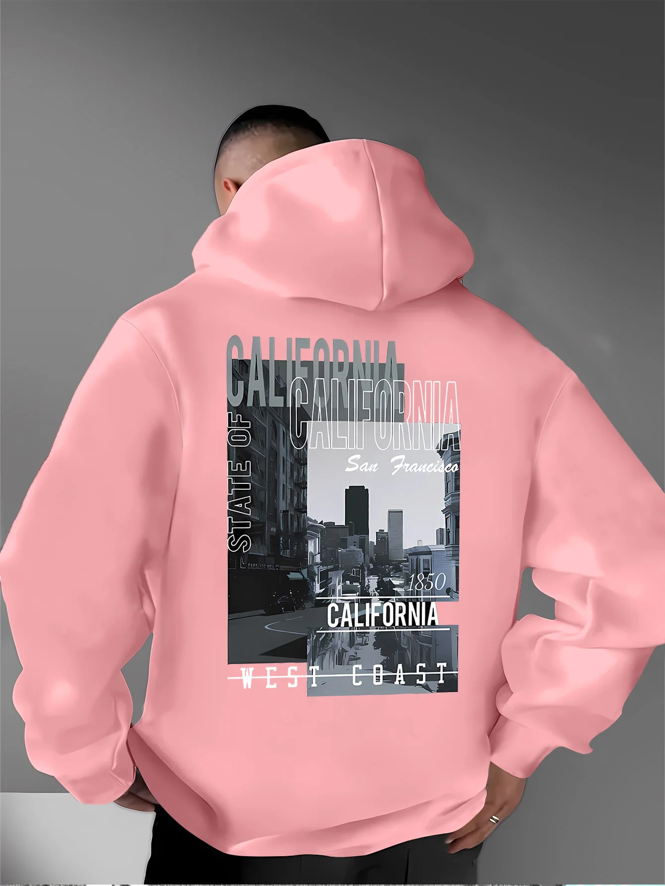 Retro Streetwear Men's Hoodie, Stacked Text & City Scene Back Print With 1850 Logo, Casual Pullover S-3XL