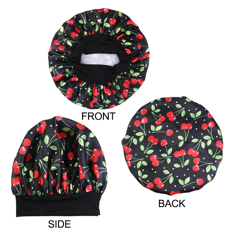 3 Pcs/Lot Women Satin Bonnet Fruit Printing Silky Elastic Night Sleeping Hat Salon Hair Care Shower Turban Beanies