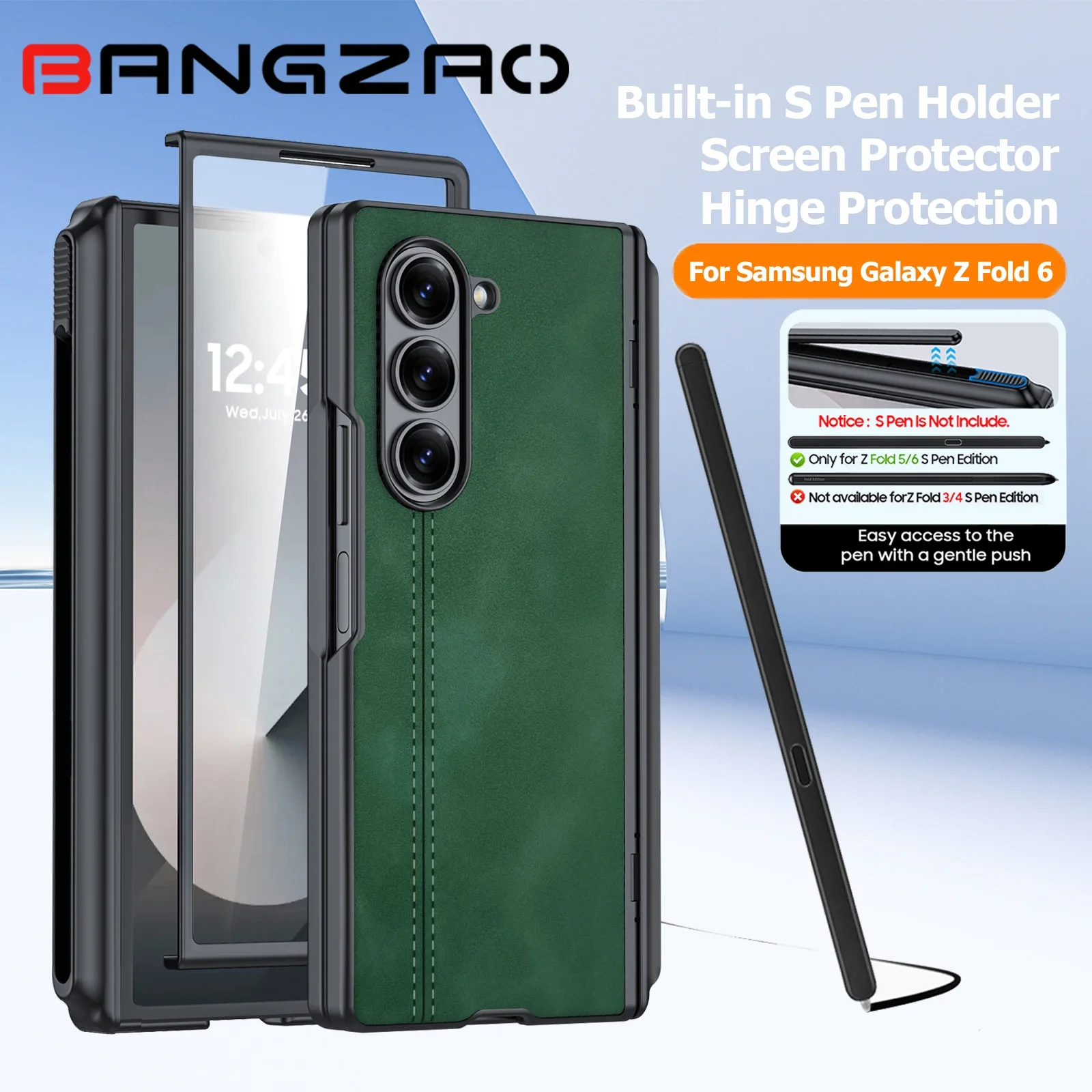 

With S Pen Holder, For Magsafe，Hinge Protection,Screen Protection,PU Leather Matte PC Shockproof Case for Galaxy Z Fold 6-Green